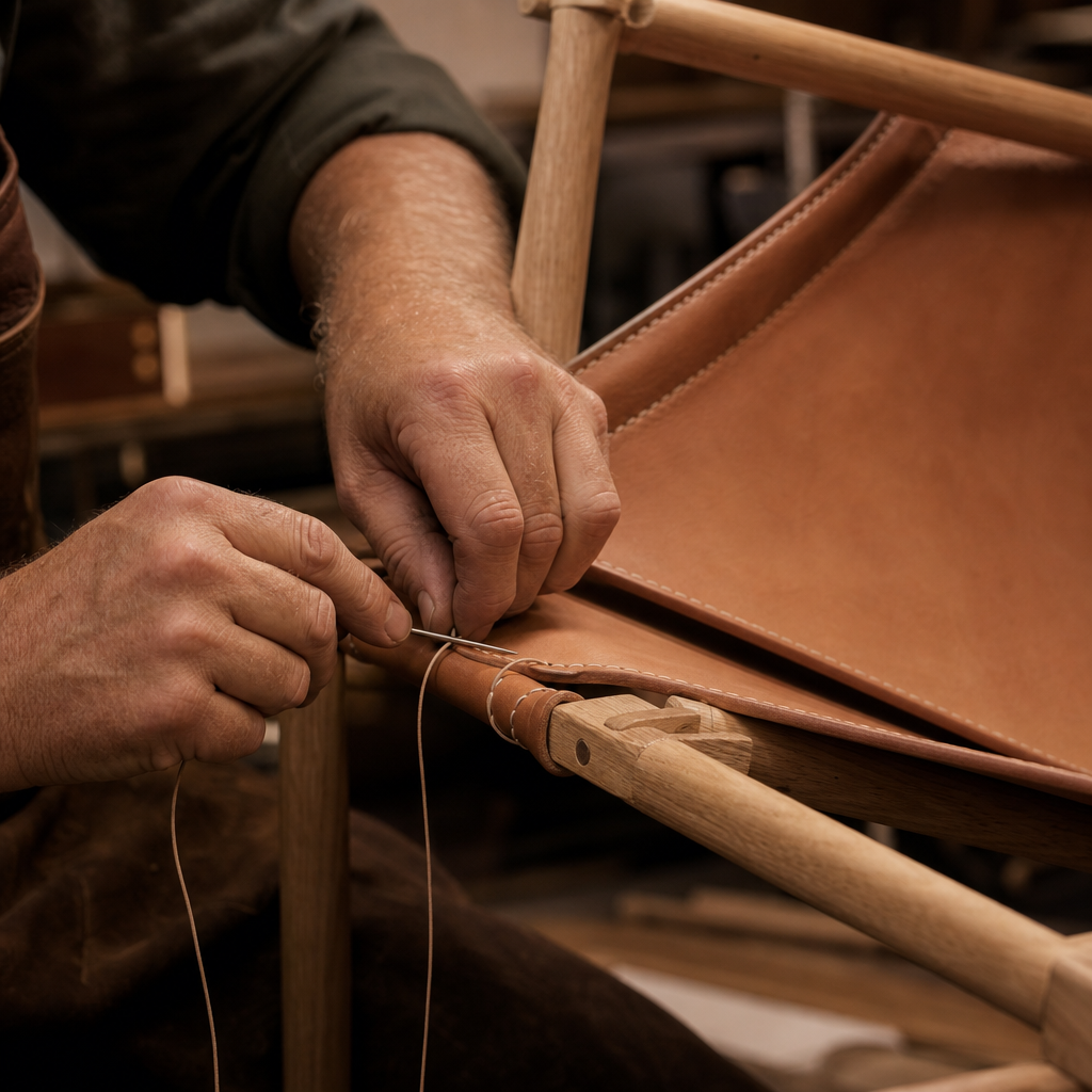 Piel en proceso de costura para una silla de madera