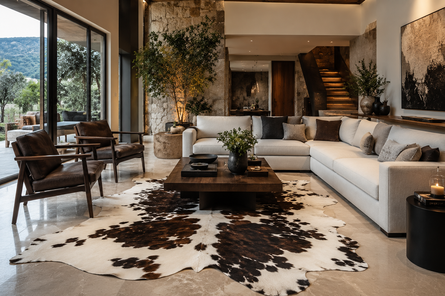 Alfombra piel de vaca — Tricolor café